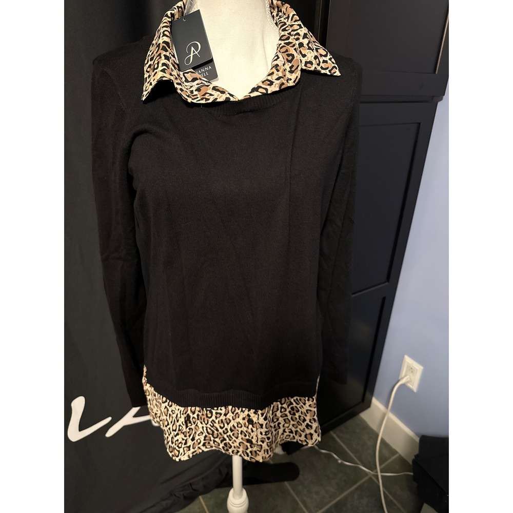 Adrianna Papell Womens Black Leopard Print Layered Look Sweater Small NWT